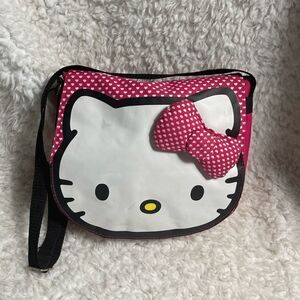 Hello Kitty Sanrio Hot Pink and white hearts with black trim fabric shoulder bag